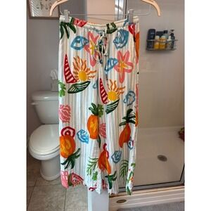 Calypsp St. Barth Linen Blend Tropical Print Wide‎ Leg Resort Pants Fruit Beach
